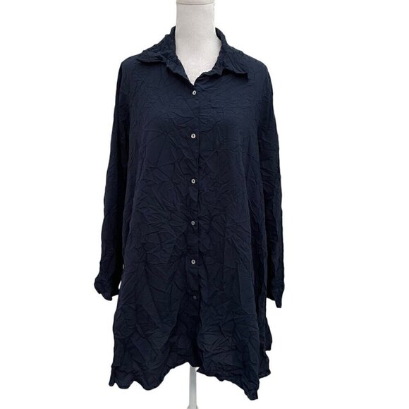 Comfy USA Crinkle Button Down Tunic Top Blouse Lagenlook Navy Blue size Small - Picture 1 of 7